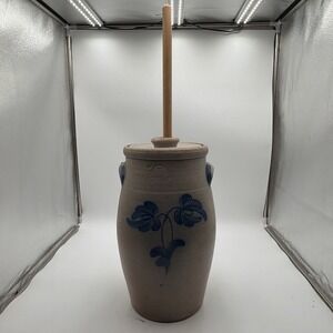 Large Vintage 1984 Rowe Pottery Salt Glazed Stoneware Butter Churn Cobalt Blue